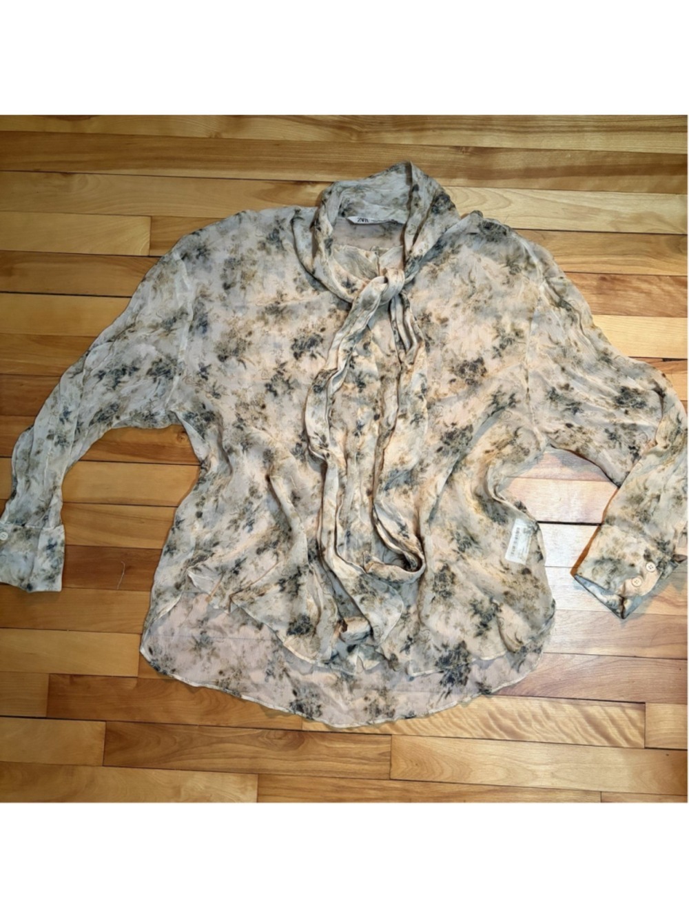 Zara Sheer Floral Tie Blouse - Size Large - Picture 5 of 14